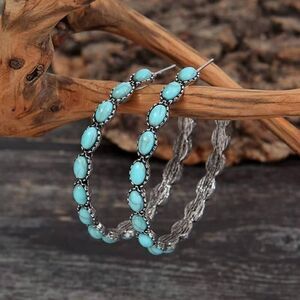 Vintage Style C-Shape Synthetic Resin Turquoise Alloy Embedded Hoop Earrings